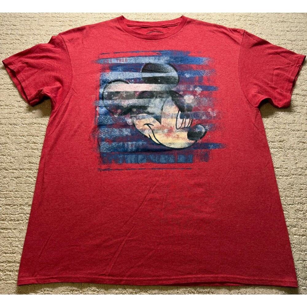 Disney Mickey Mouse Men’s‎ XL Red Heather Graphic Tee Distressed Americana 1928